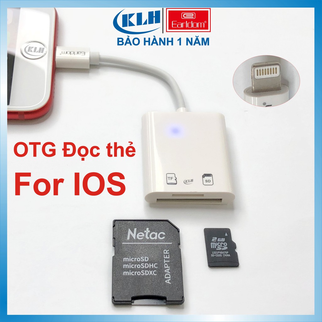 OTG đọc thẻ nhớ cho Iphone OT47, Ipad, Đầu đọc thẻ chân Lightning cắm là nhận chính hãng Earldom KLH