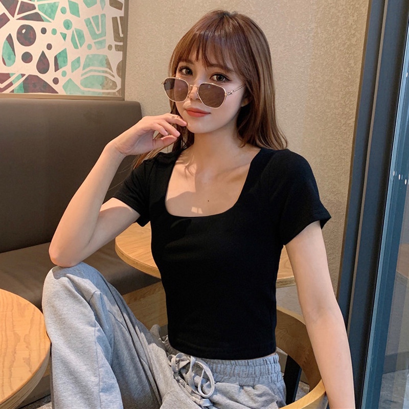 Áo Thun Nữ Tay Ngắn Cổ Vuông 100% cotton thống mát Madela, áo thun nữ dáng ôm body ngắn