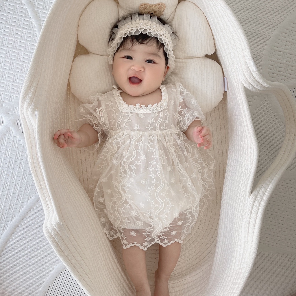 Đầm Công Chúa Tay Ngắn Phối Ren Thời Trang Mùa Hè Xinh Xắn Cho Bé Gái