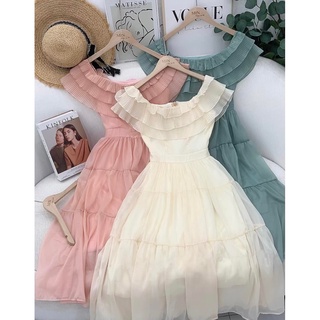 Váy đầm maxi dập ly trễ vai bèo