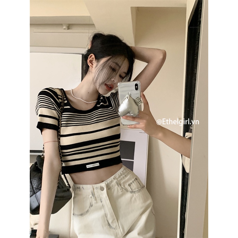 Áo Croptop Dệt Kim Sát Nách Họa Tiết Kẻ Sọc Phong Cách Retro Quyến Rũ Cho Nữ