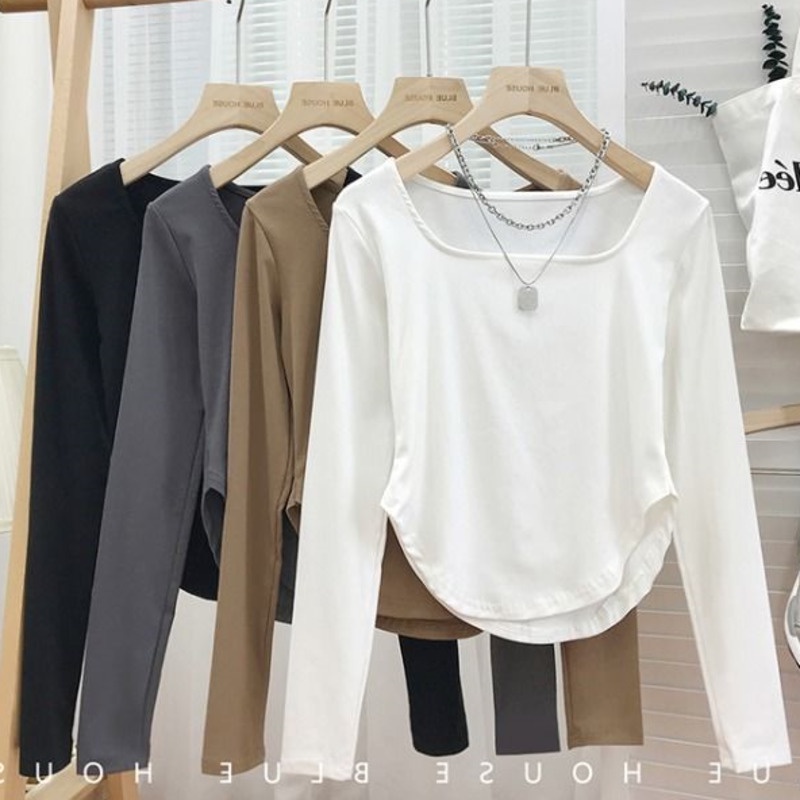 Áo Thun Tay Dài Cổ Vuông Màu Trơn Kiểu Dáng Đơn Giản Hợp Thời Trang