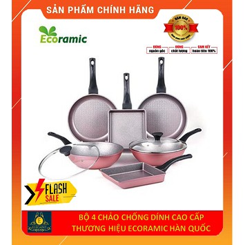 ECORAMIC-Bộ 4 chảo chống dính cao cấp : Chảo sâu lòng 28cm+ nắp kính,2 chảo chiên 18-28cm, chảo vuông 5.0