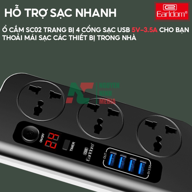 Ổ Cắm Điện Đa Năng Earldom ES - SC02 Tích Hợp Nhiều Cổng Sạc + Hẹn Giờ Thông Minh - Hàng Chính Hãng