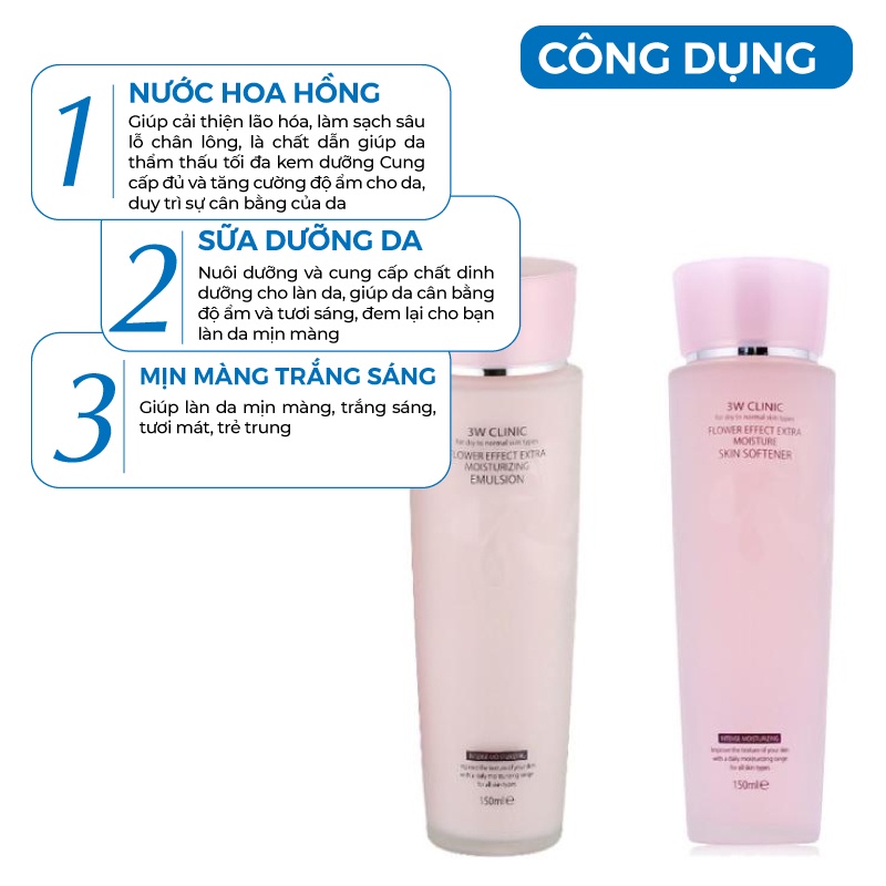 Bộ dưỡng ẩm dưỡng trắng da - Bộ dưỡng da chiết xuất Hoa Hồng 3W Clinic [Nước Hoa Hồng+ Sữa Dưỡng Da]