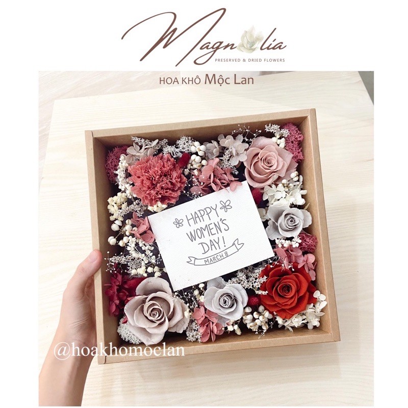 Hộp quà hoa khô bất tử cao cấp, quà tặng sinh nhật, tặng bạn gái, valentine tông đỏ đất vintage