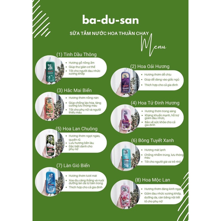 Sữa tắm nước hoa thuần chay Organic Badusan nhập khẩu Đức, 8 loại hương (500ml)