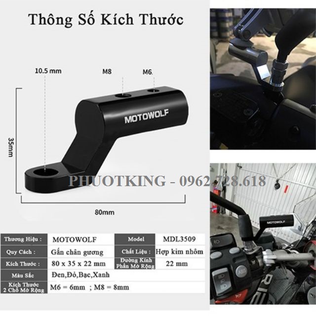 Pát mở rộng chân gương MOTOWOLF lắp đèn trợ sáng, phụ kiện chính hãng