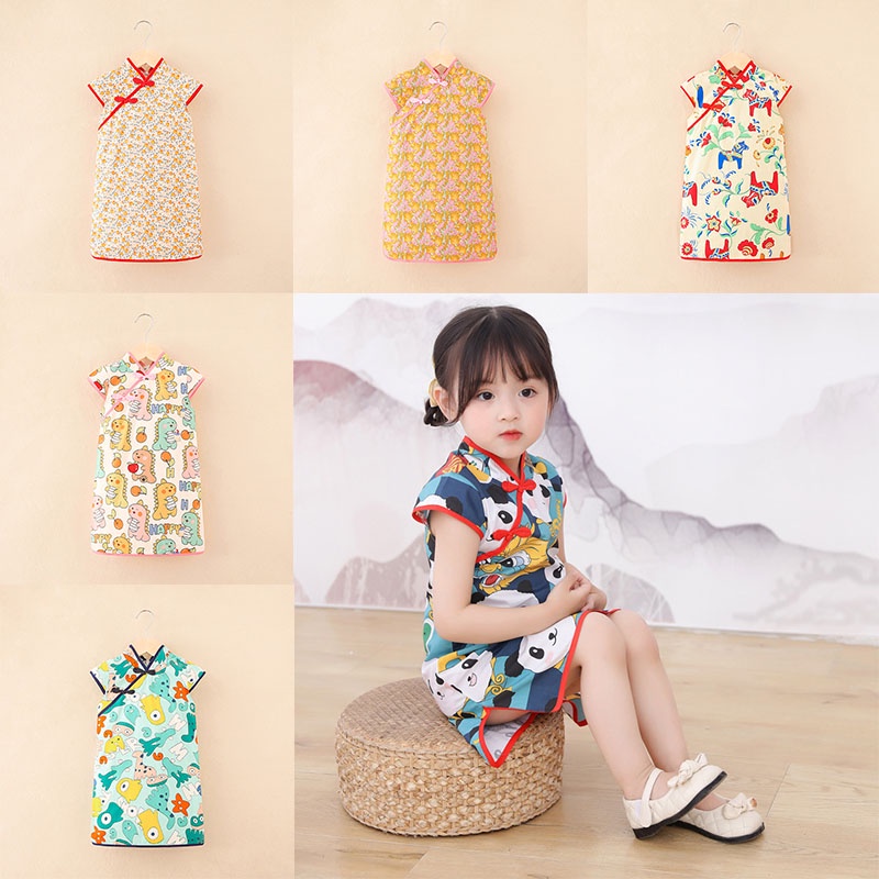 Đầm Kiểu Sườn Xám Tay Ngắn In Họa Tiết Hoa Xinh Xắn Thoáng Khí Cho Bé Gái