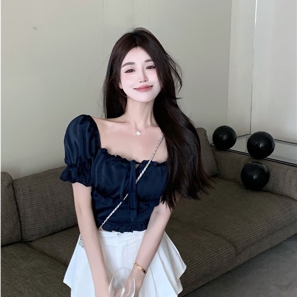 Áo Sơ Mi Tay Phồng Cổ Vuông Chất Liệu satin Màu Xanh Dương Phong Cách Pháp Thời Trang Mùa Hè Mới Cho Nữ