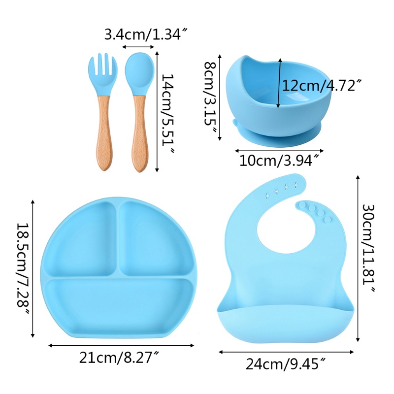 Set 5 Món Bát / Muỗng / Nĩa Tập Ăn Chia Ngăn Bằng Silicone Dành Cho Bé