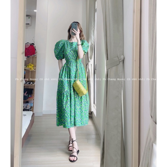 Váy hoa xanh kèm dây buộc eo hàng quảng châu( ảnh thật)