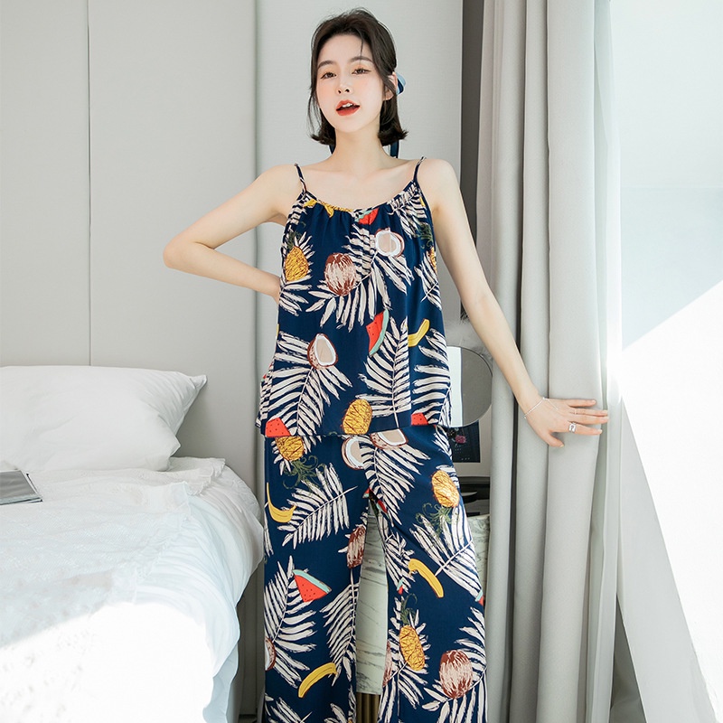 Bộ Đồ Ngủ Hai Dây Bằng Vải Lụa Cotton In Họa Tiết Thời Trang Cho Nữ