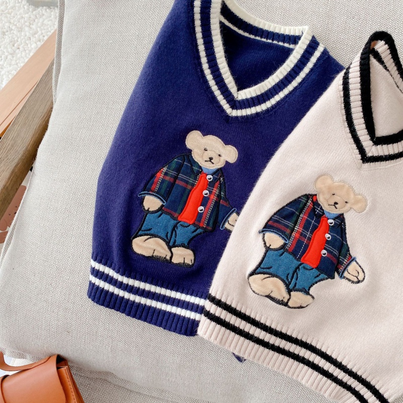 Áo Sweater Dệt Kim Sát Nách In Hình Gấu Hoạt Hình Thời Trang Thu Đông Cho Bé