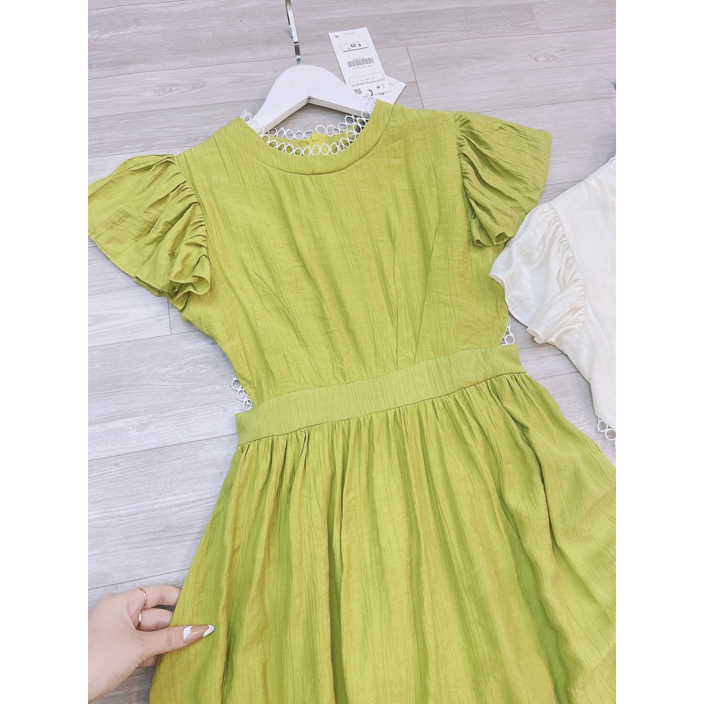 Váy Nữ Tơ Nhăn Viền Ren Tay Bèo Hai Lớp Dày Dặn Màu Xanh Cốm Hottrend Váy Nữ Dài Đi Chơi Tiệc Cưới Hothit