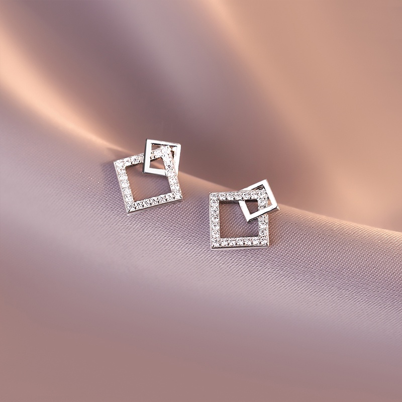 Bông Tai Mạ Bạc 925 Hình Vuông Đính Đá Zircon Lấp Lánh Cho Nữ