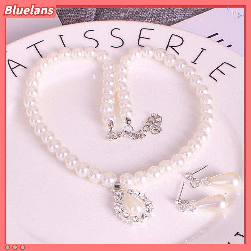 Bộ Vòng cổ + Đôi Bông Tai Hình Giọt Nước Đính Ngọc Trai Giả Thời Trang Cho Nữ