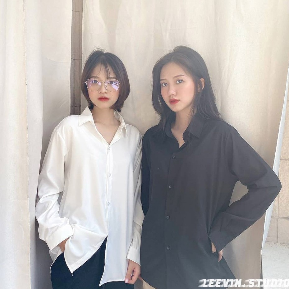 Áo sơ mi nữ dài tay TRƠN Basic Unisex Dáng Rộng Trắng và Đen Kiểu áo sơ mi nữ tay dài form rộng suông beautyonevn