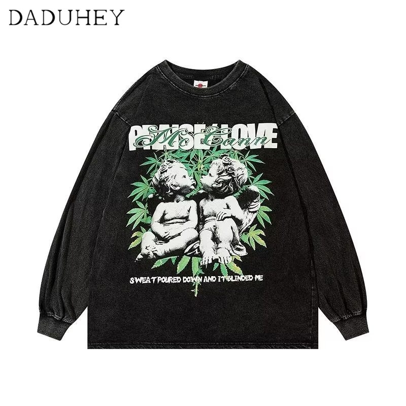 DaDuHey American Retro Worn Looking Washed-out Printed Long-Sleeved T-shirt Men's and Women's Ins Fashion Brand Couple Wear Street Fun Top