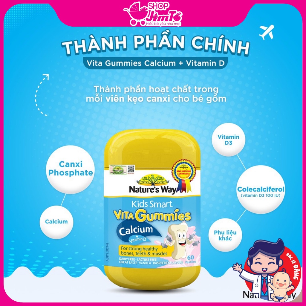 🎀𝗖𝗵𝗶́𝗻𝗵 𝗵𝗮̃𝗻𝗴🎀Kẹo Dẻo Nature’s Way Kids Smart Vita Gummies Calcium + Vitamin D Giúp Phát Triển Chiều Cao Tối Ưu