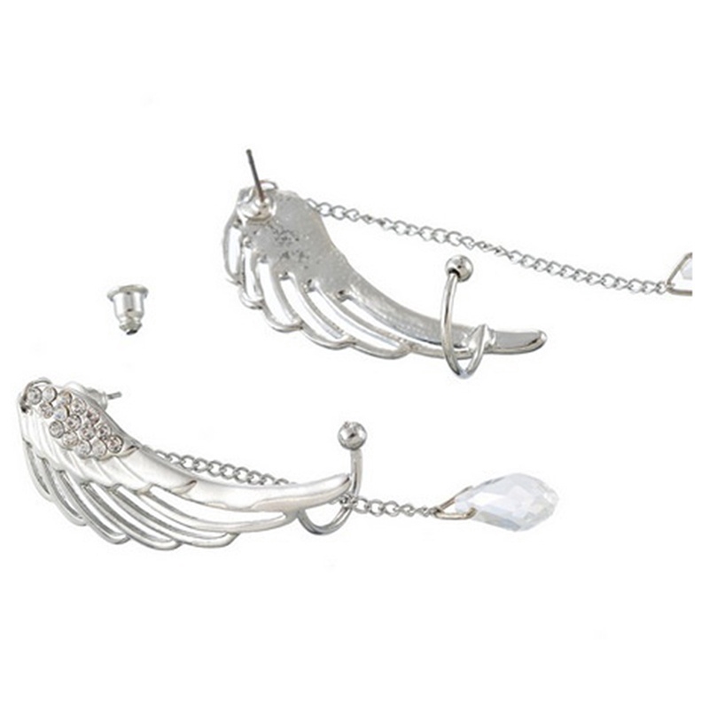 Silver Angel Wing Stylist Crystal Earrings Drop Dangle Ear Stud for Women