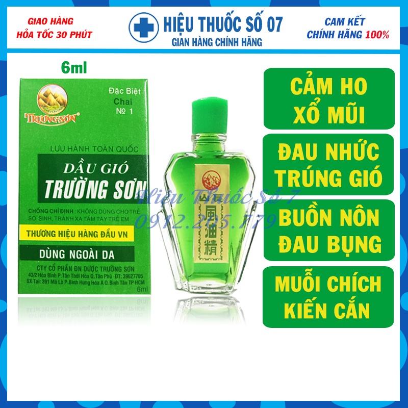 Dầu Gió Trường Sơn chai 6ml  Giảm ho, cảm cúm, nhức đầu sổ mũi, say tàu xe, vết cắn do côn trùng