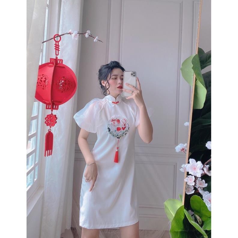 Đầm Suông Cổ Tàu, Đầm Áo Dài Cách Tân Họa Tiết Thêu Hoa Văn Cá Chép Tay Voan Thời Trang Tết. | BigBuy360 - bigbuy360.vn