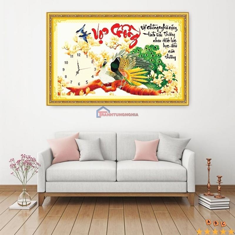 Tranh thêu chữ thập đồng hồ vợ chồng công 74cm x 48cm