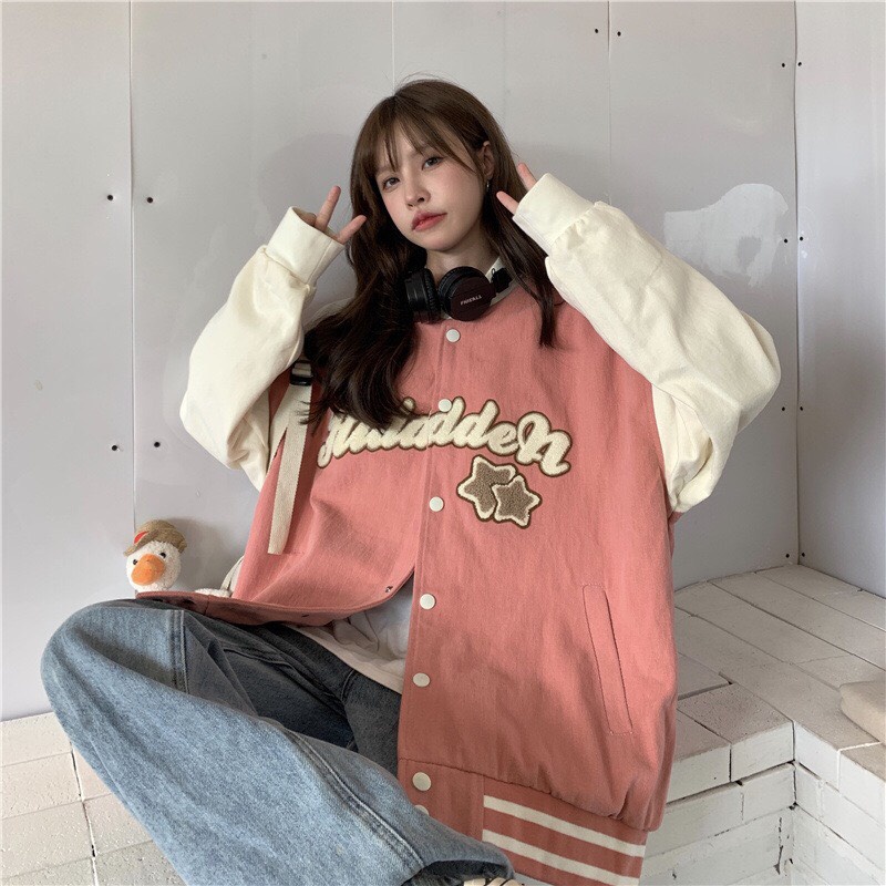 Áo bomber nữ phối tay họa tiết chữ HIDA ngôi sao [FREESHIP] Áo khoác nỉ mùa đông form rộng (màu hồng, trắng) GuuZ | BigBuy360 - bigbuy360.vn