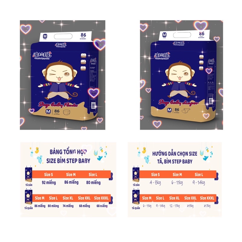 Tã/Bỉm Dán/Quần Step Baby nội địa Trung/bo mông đủ size S92/M86/L80/XL74/XXL68/XXXL68