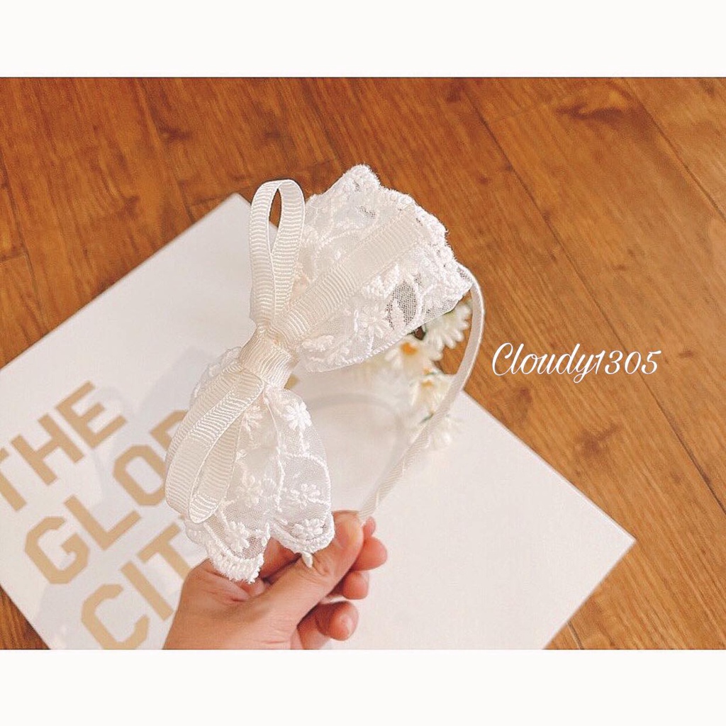 Cài tóc/Bờm tóc nơ, ren lưới họa tiết hoa, nơ thắt ruy băng