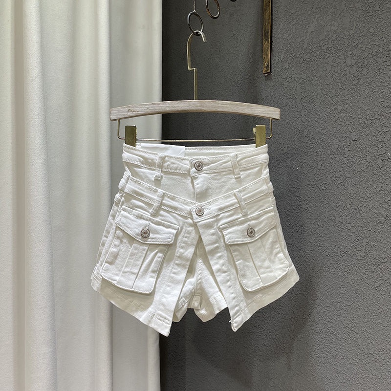 Jiashucheng Quần Short Denim Giả Hai Mảnh Dáng Chữ a Eo Cao Ôm Dáng Phong Cách Mới Cho Nữ