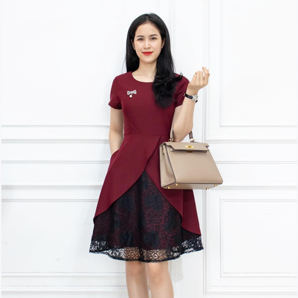 Đầm thiết kế dự tiêc trung niên phối lớp ren dáng xòe AMYRA - Váy nữ công sở trung niên cotton lạnh DA056