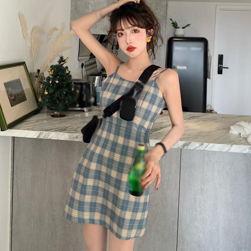 Đầm Hai Dây Họa Tiết Sọc Caro Phong Cách Retro Hàn Quốc