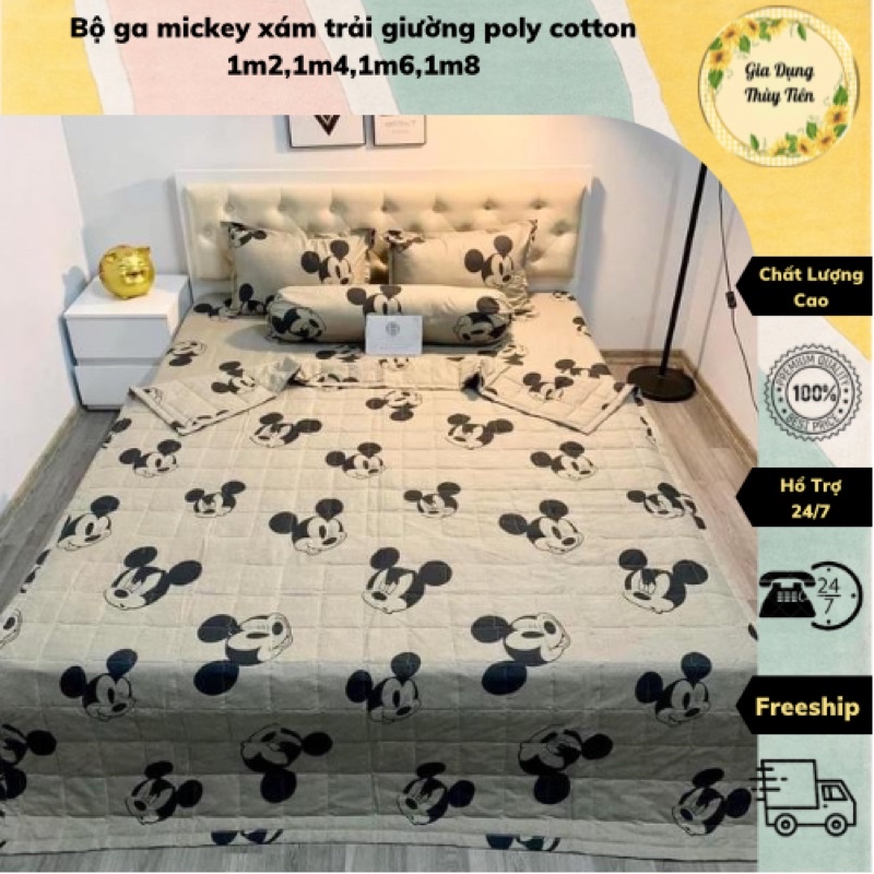 Bộ Ga trải giường poly cotton mẫu mickey xám 1m2,1m4,1m6,1m8