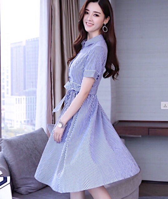 Đầm sọc xanh form dài cột nơ