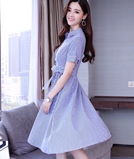 Đầm sọc xanh form dài cột nơ (kèm hình thật)