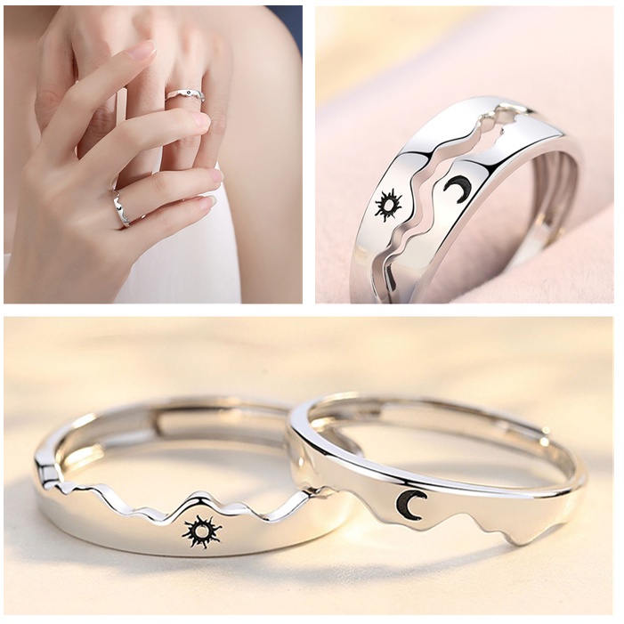 Bộ 2 Nhẫn Bạc Dạng Mở Hình Mặt Trời Và Mặt Trăng Cá Tính Thời Trang Cho Cặp Đôi
