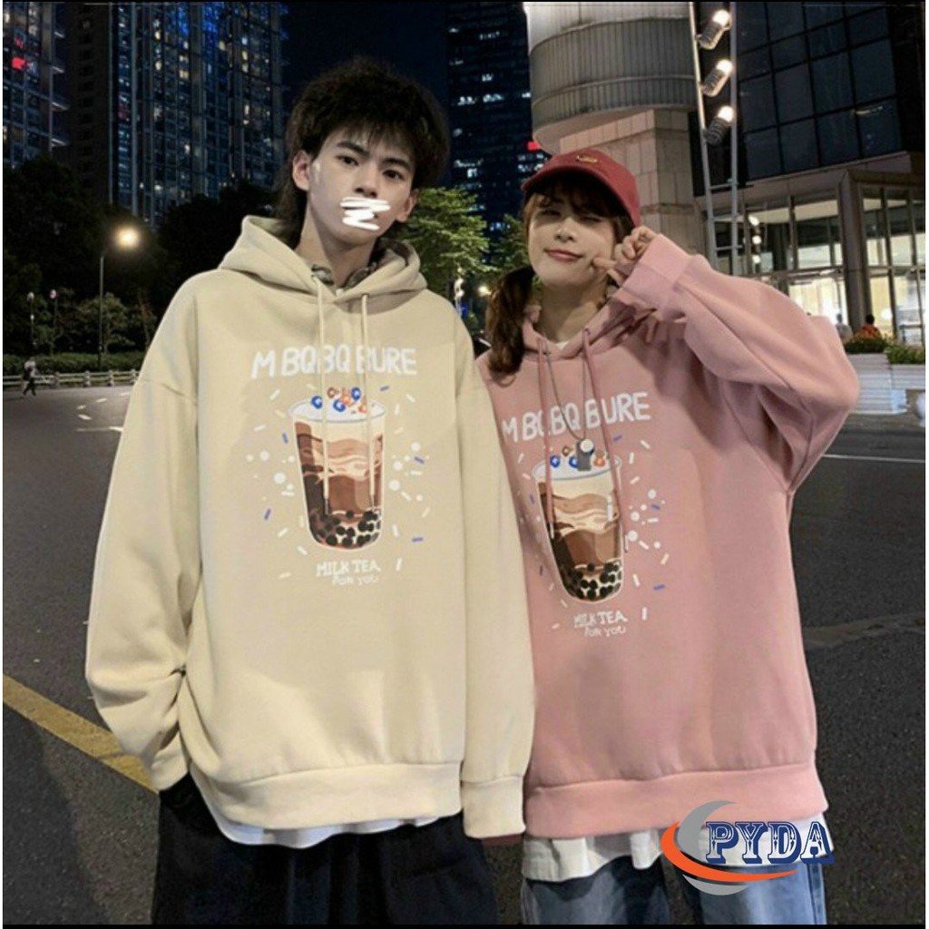 Áo Khoác Hoodie Nỉ Bông In Hình Trà Sữa Form rộng Unisex Nam Nữ Couple đều mặc được