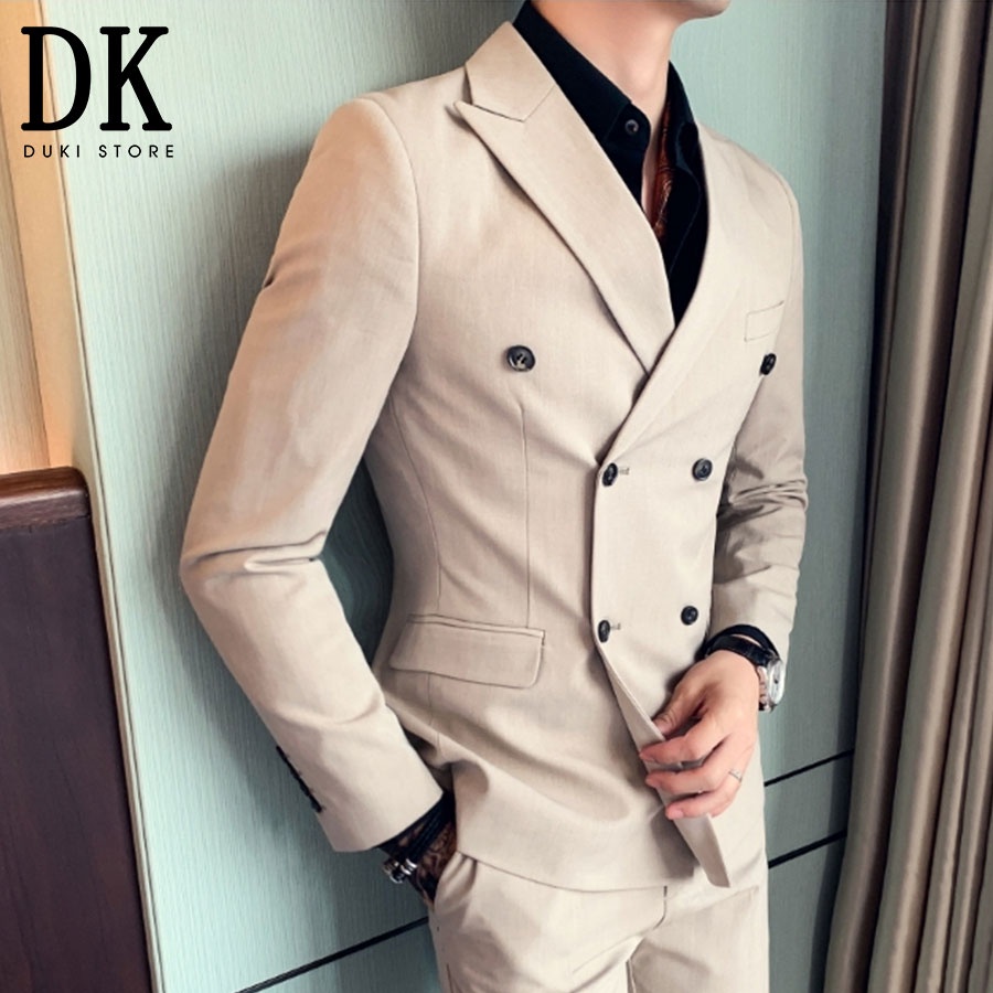 Bộ vest nam 6 nút Hàn Quốc màu kem xước sang trọng DKE0052 - DUKI STORE
