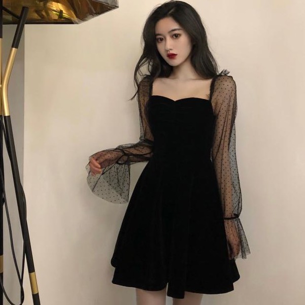 Korean style square neck long sleeve A-line dress for women