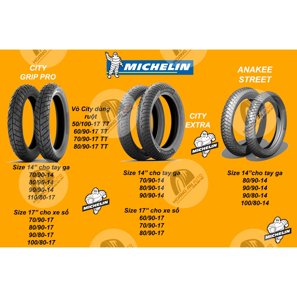 Vỏ lốp xe Michelin (vỏ ko ruột) City Grip Pro - City Extra - Anakee Street các size cho tay ga và xe số, giá 1 cái