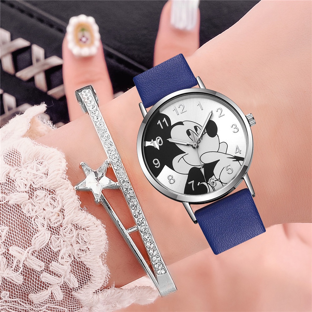 Đồng hồ đeo tay mặt hình chuột Mickey dây da thời trang cho nữ