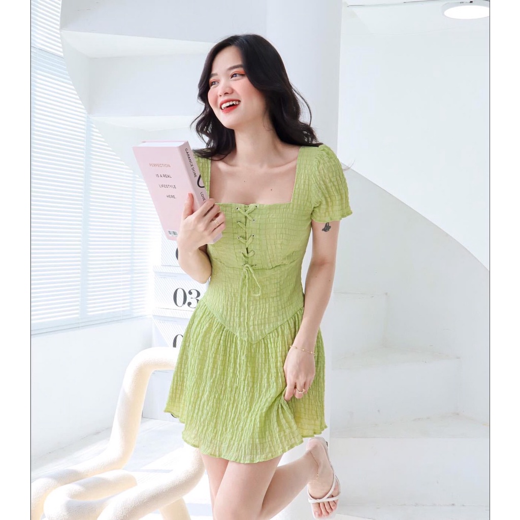 Đầm Cổ Vuông Dáng Xòe Ngắn Ngực Thắt Dây HT28 Phong Cách Hàn Quốc | BigBuy360 - bigbuy360.vn