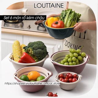 [ƯU ĐÃI] Set rổ nhựa 6 món kèm chậu bộ 3 rổ và chậu thau nhựa rửa rau củ đựng hoa quả trái cây 2 lớp hình tròn chất li