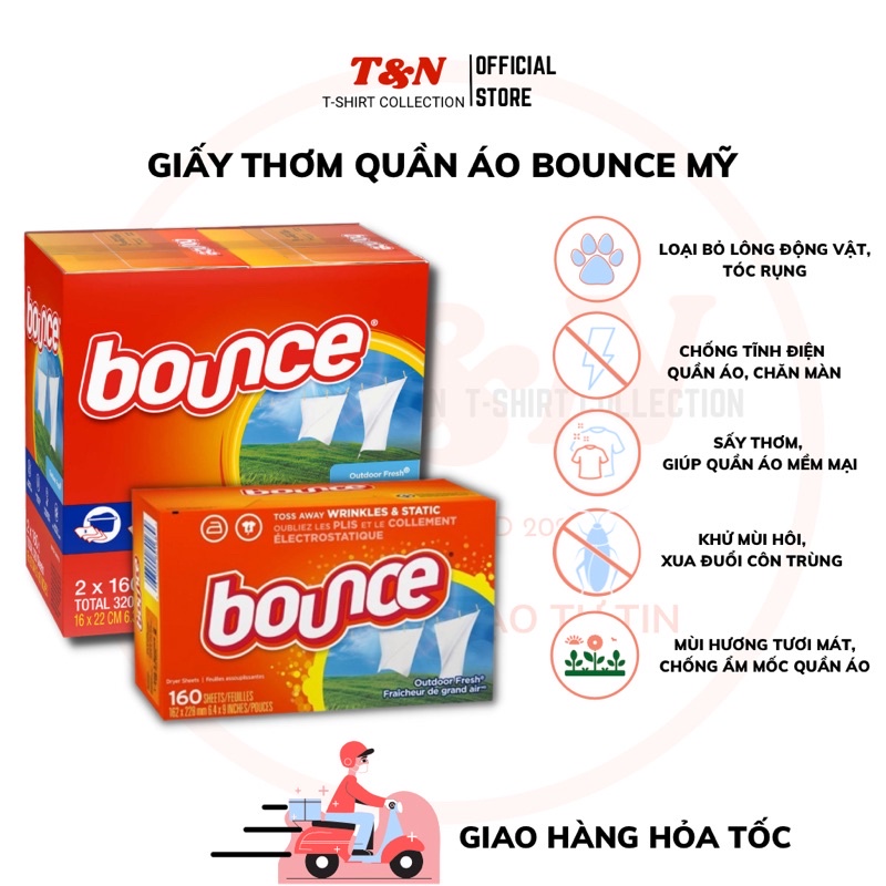 Giấy thơm quần áo BOUNCE Mỹ 1 hộp 160 tờ và 1 cặp 320 tờ, hương outdoor fresh giúp làm mền vải thơm mát khử mùi ẩm mốc