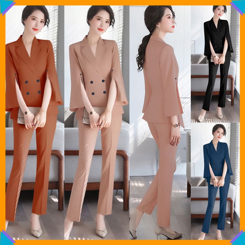 Set đồ nữ sang chảnh đẹp cá tính nguyên bộ quần dài cổ vest tay dài xẻ sang trọng J1181