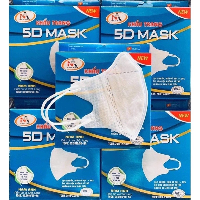 Combo 100 chiếc / 10 hộp khẩu trang 5D mask Nam Anh lọc khuẩn và bụi mịn quai mềm chống đau tai ami mask
