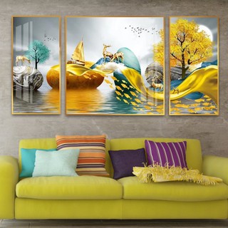 Tranh treo tường canvas nai vàng 3D nghệ thuật decor trang trí phòng khách & phòng ngủ có khung cao cấp bộ 3 bức khổ lớn
