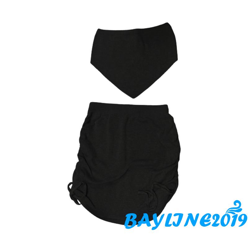 Bay-Women´s Two-Piece Suit, Solid Color Sleeveless Off Shoulder Tube Tops + Side Drawstring Pleated Mini Skirt